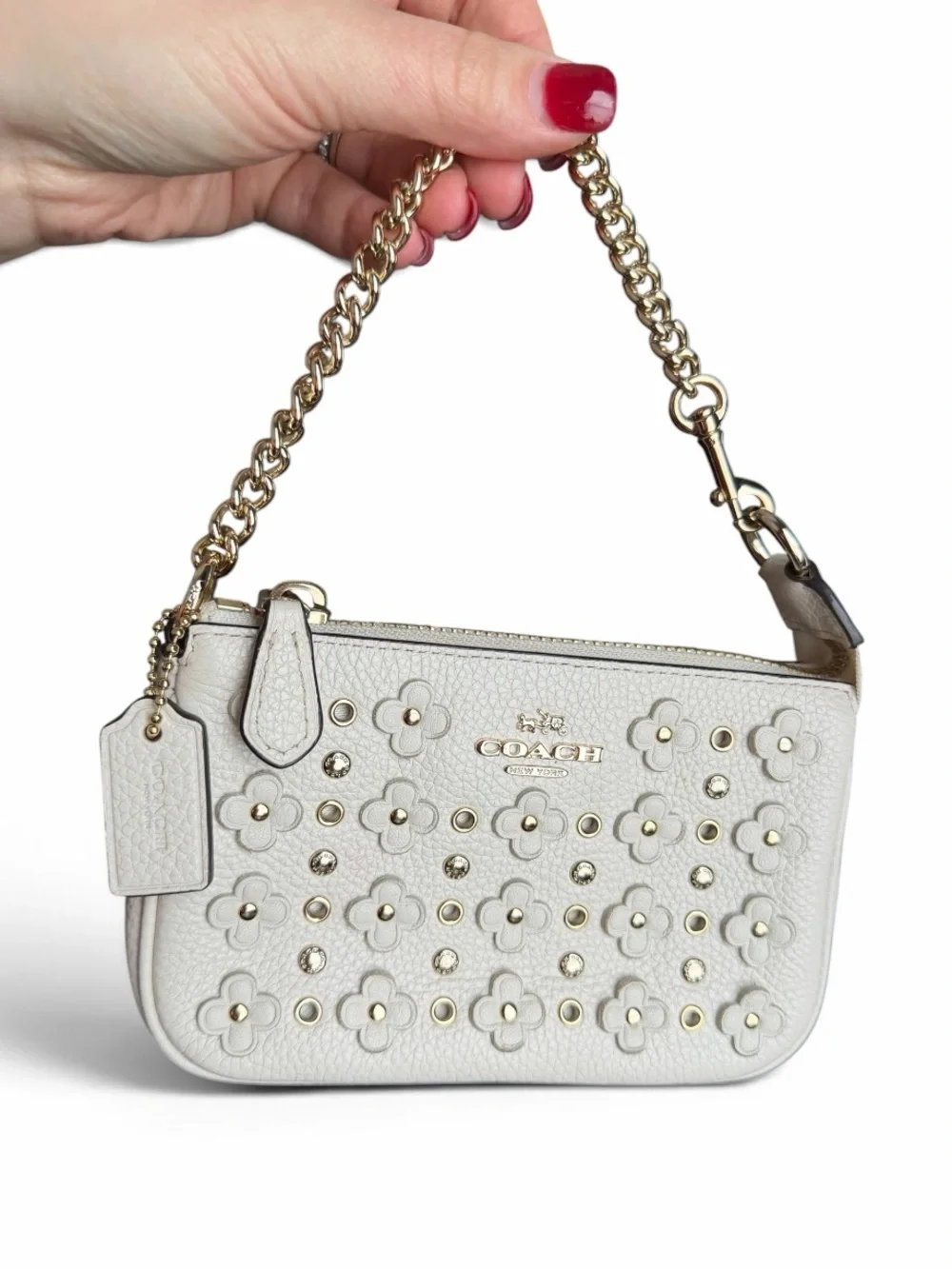 Coach Cream Floral Studded Mini Wristlet with Gold Chain
